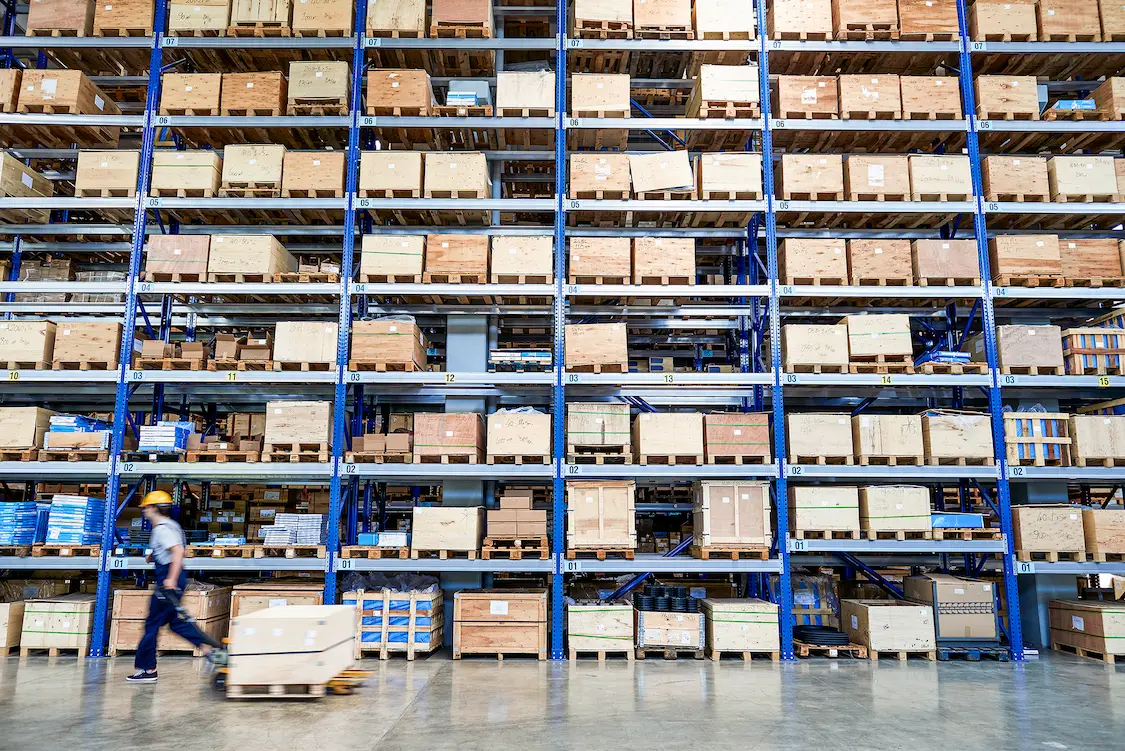pallets of boxes in a warehouse