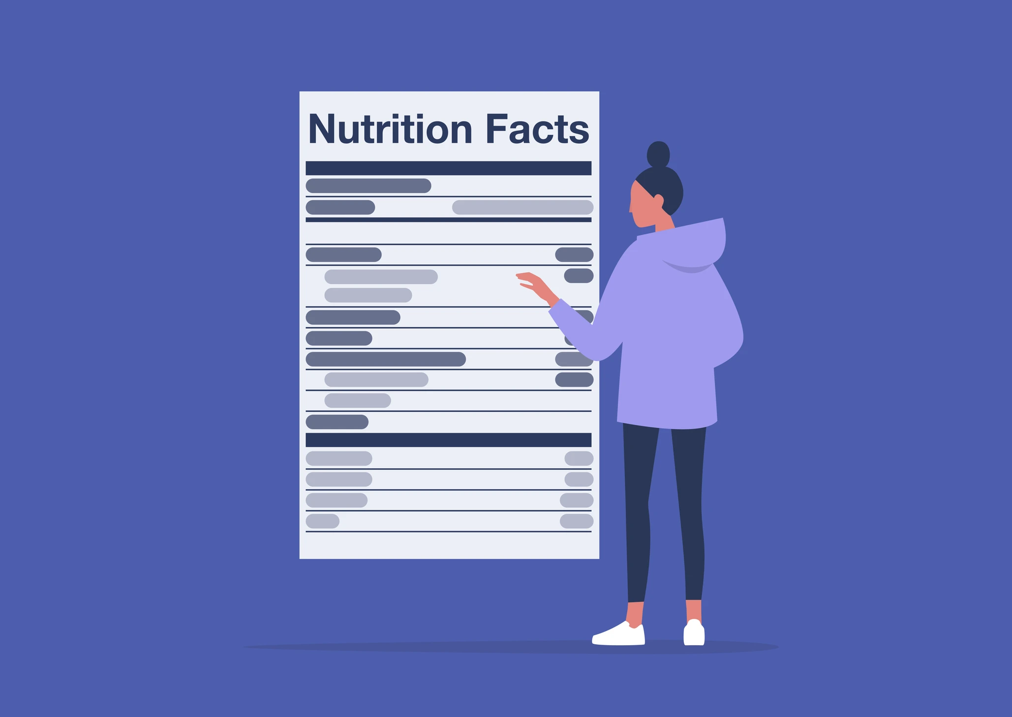 Cartoon person reviewing a nutrition facts label