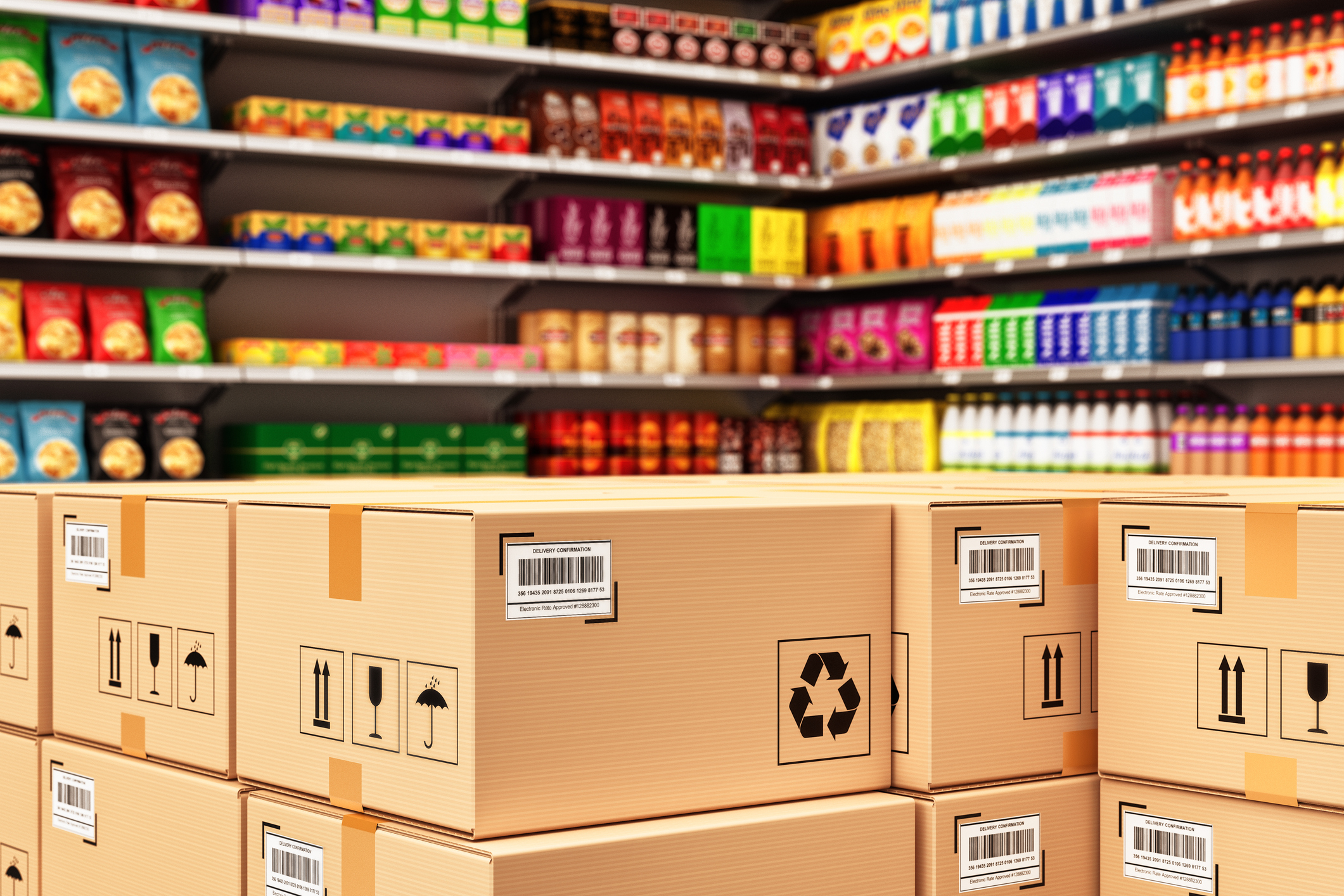 Boxes billed with consumer packaged goods such as drinks