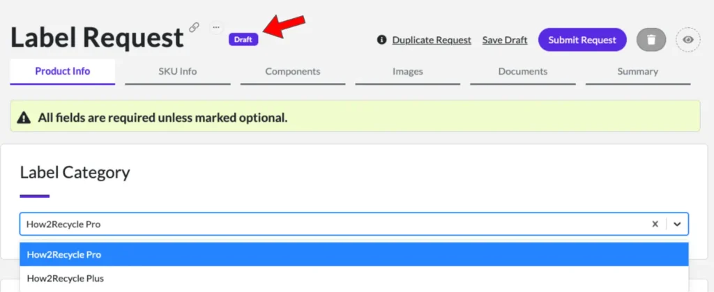 Product screenshot of label request being made Specright's How2Recycle Integration