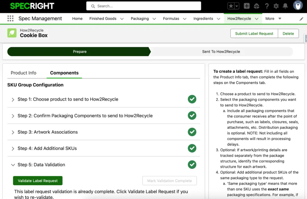 Product screenshot of Specright's How2Recycle Integration