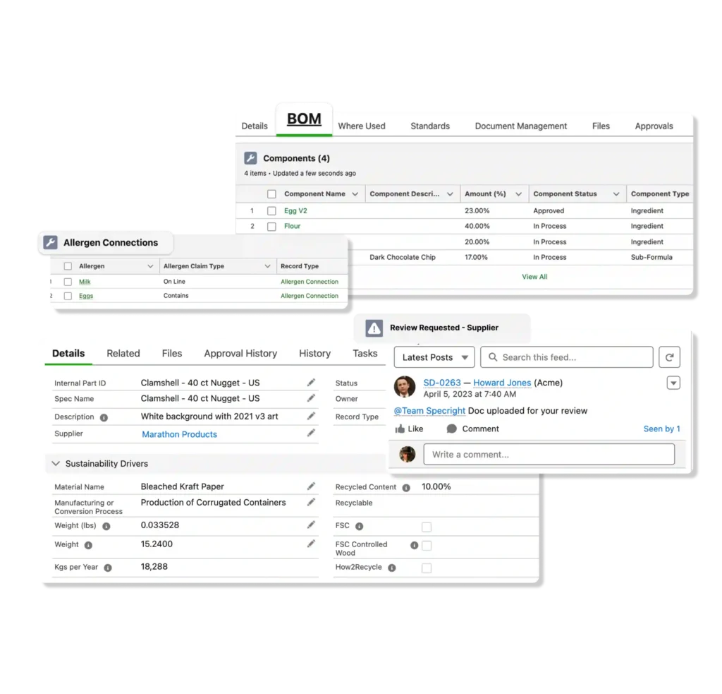 A collage of Specright PLM product and spec screenshots.