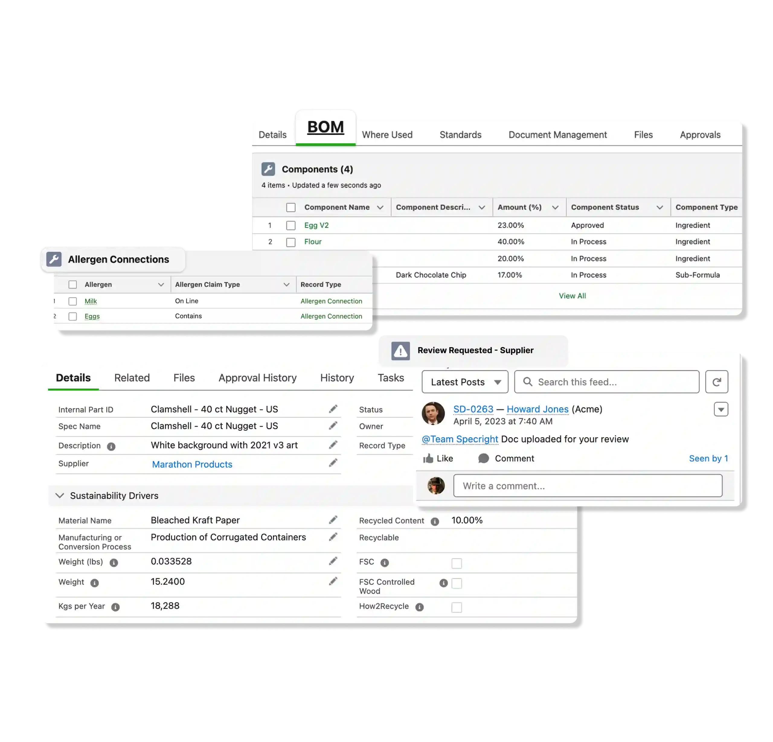 A collage of Specright PLM product and spec screenshots.