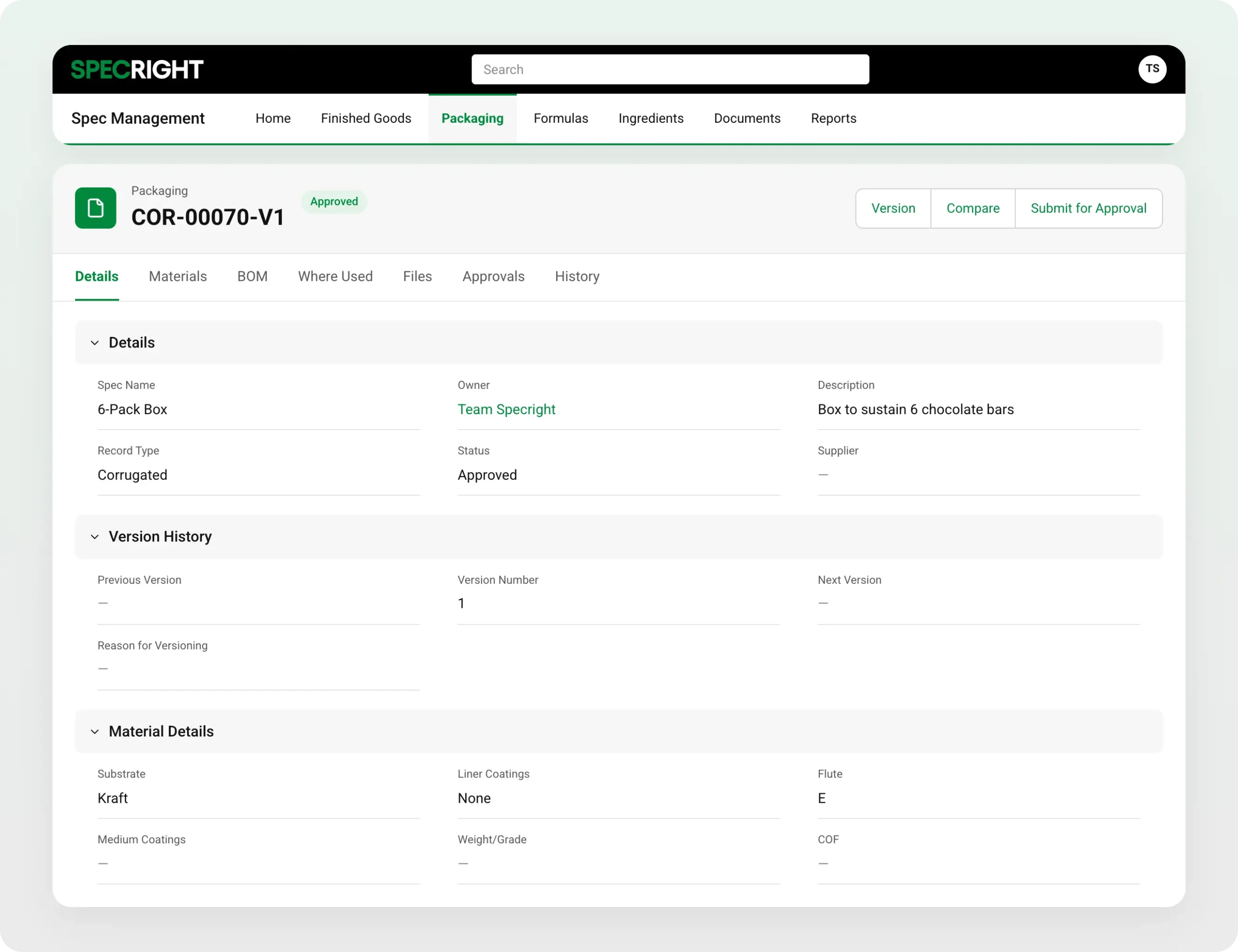 Specright product screenshot showing packaging specs, version history, and material details.