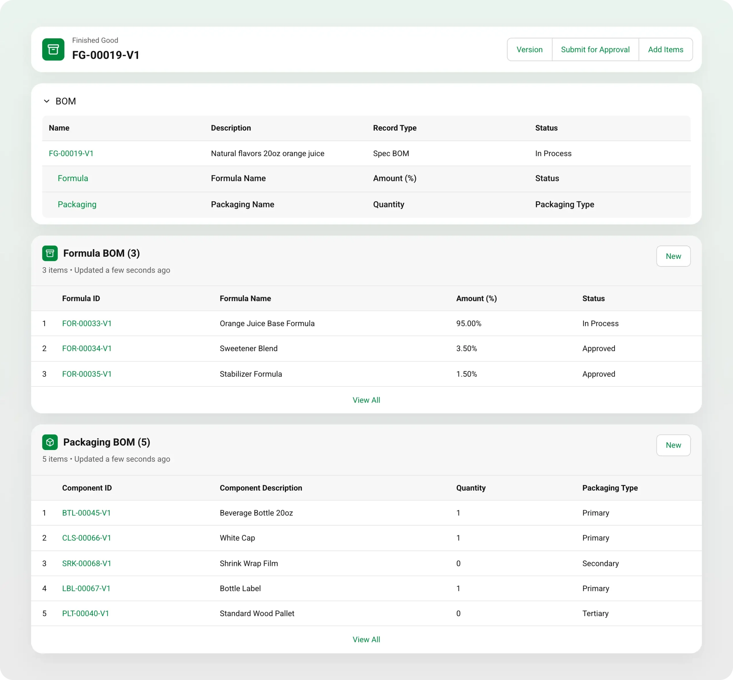 Specright product screenshot showing a finished good packaging bill of materials (BOM).