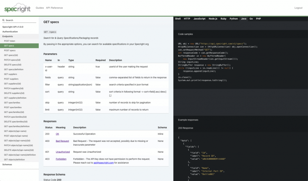 Specright API & Developer Portal