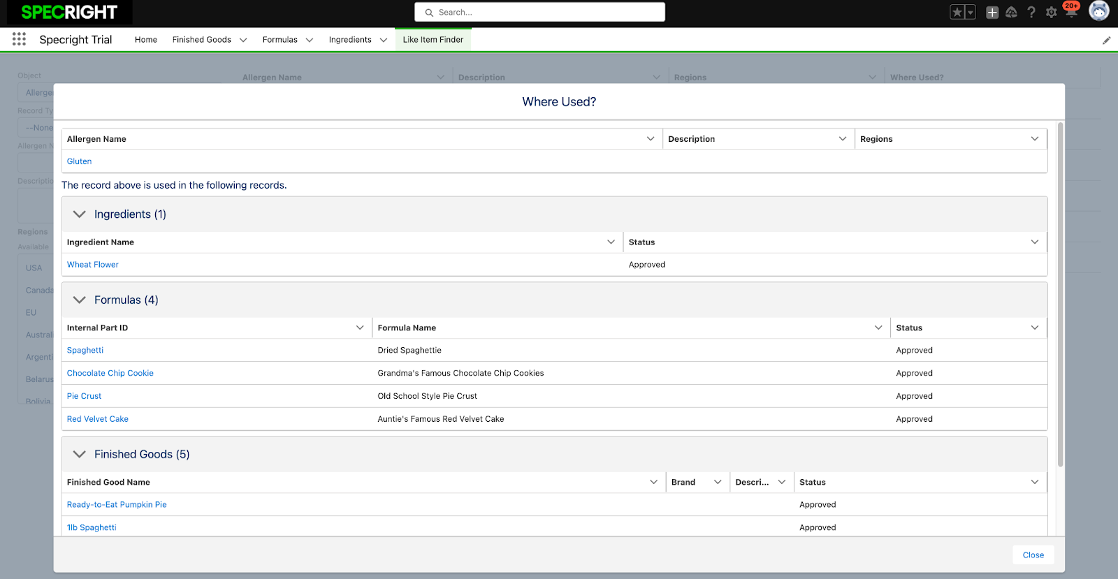 Where Used Finder feature in Specright platfrom