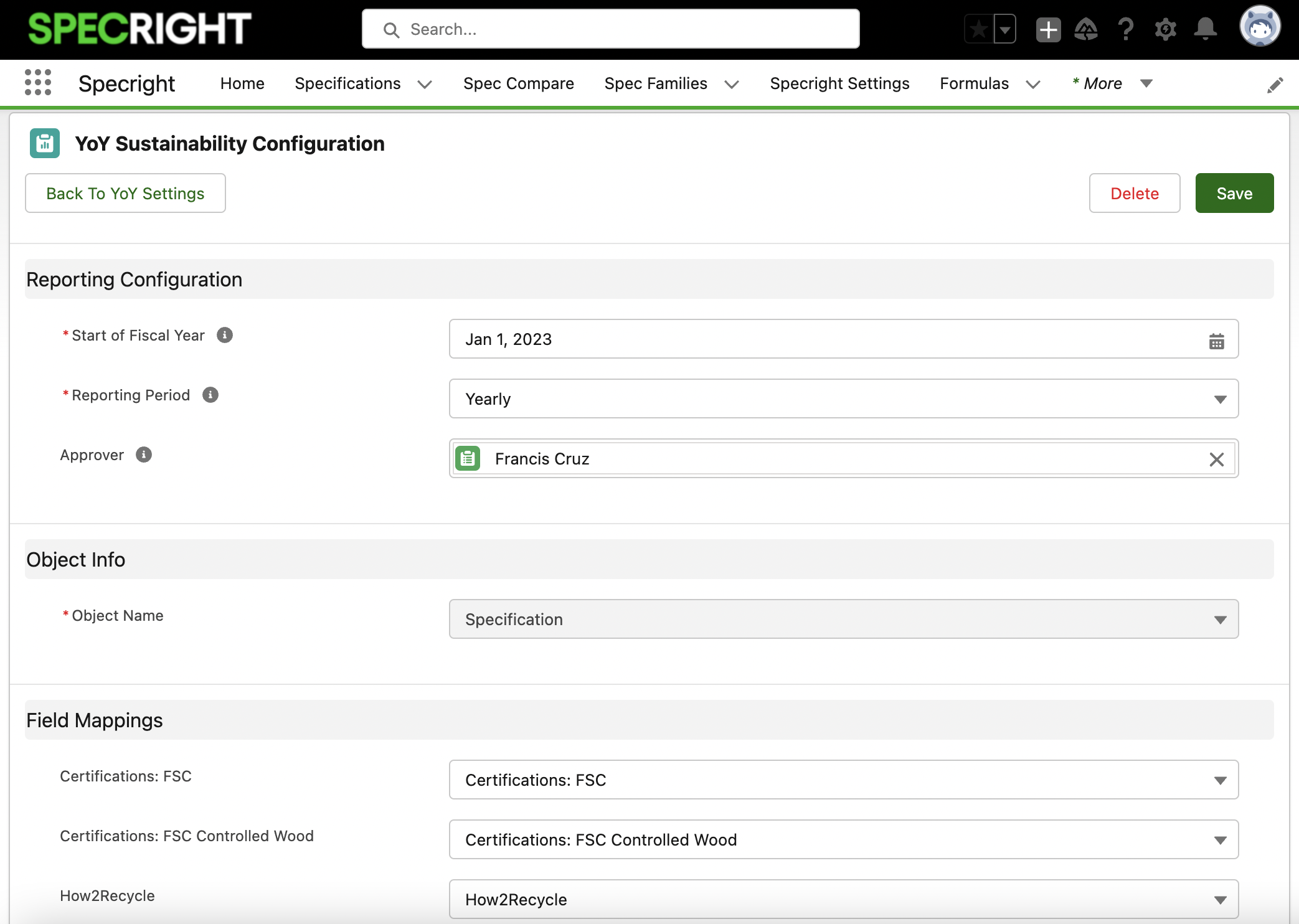 specright year over year sustainability benchmarking feature