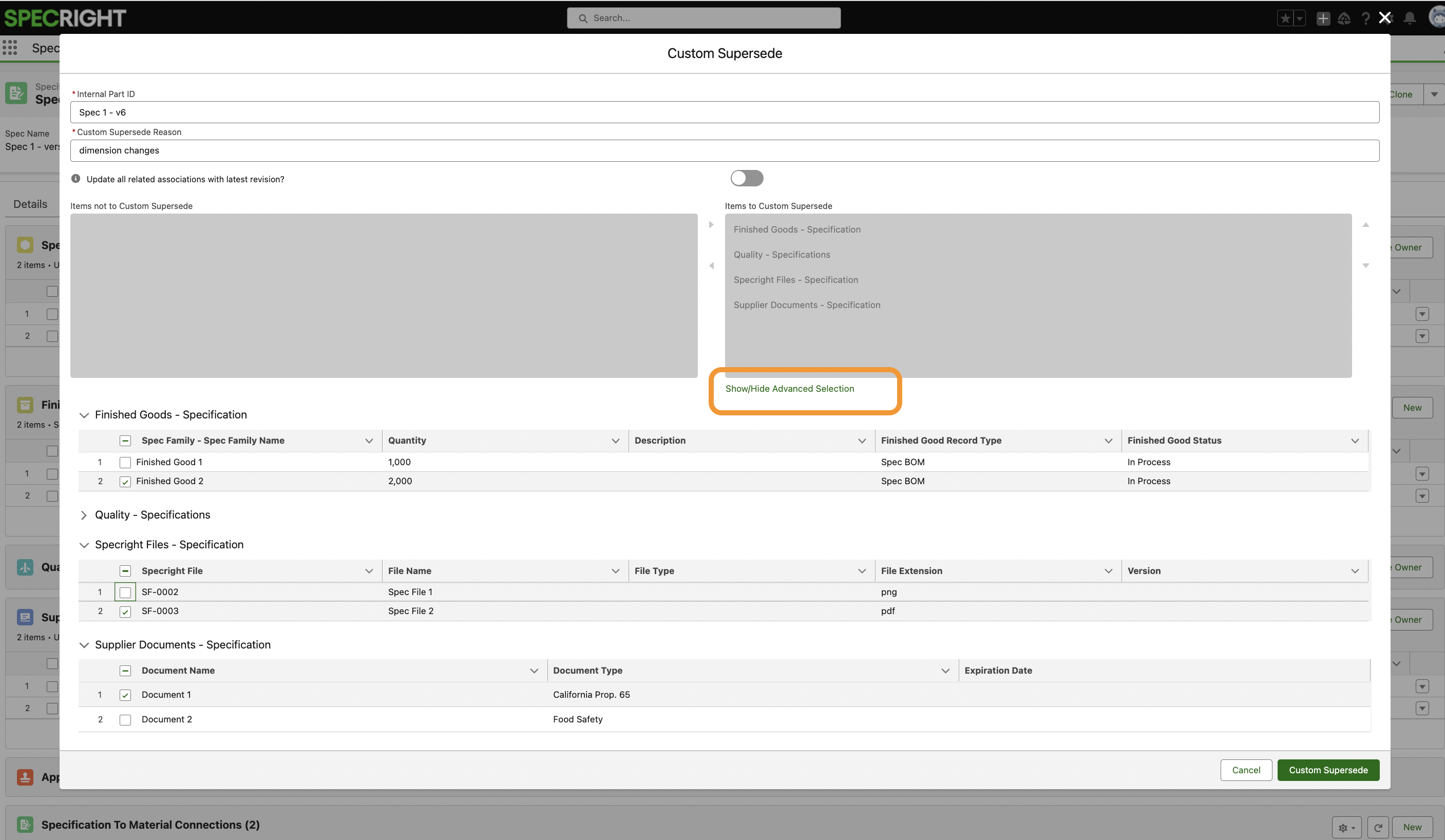 custom supersede and dynamic clone features in Specright platform