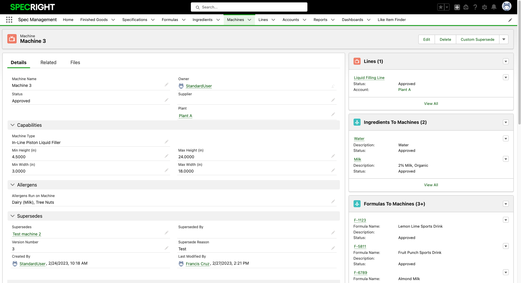 machinery specs in specright platform